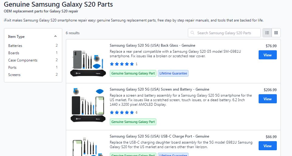 Screenshoot of Galaxy S20 Parts in iFixit