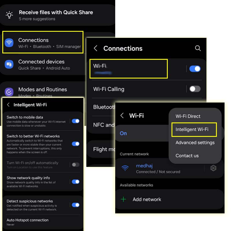 How to enable disable Intelligent Wifi in Samsung