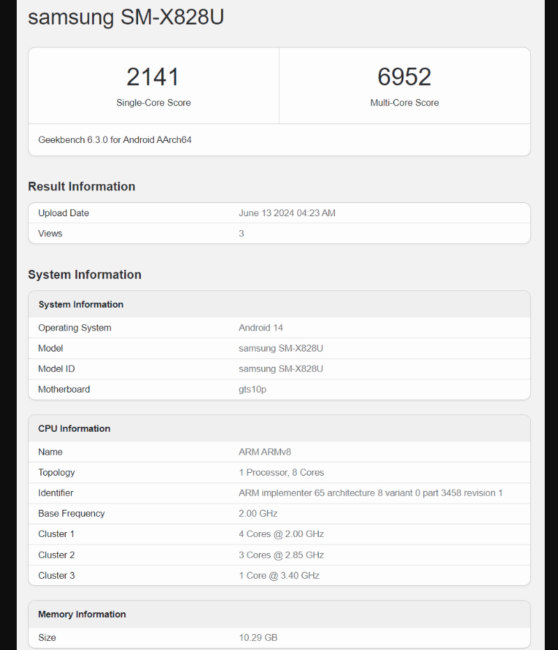Geekbench listing for the Galaxy Tab S10+